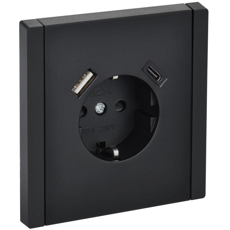 Розетка FORTE@PIANO FP147 16А USB A+C 18Вт с заземл. защ. штроки винт. крепл. черн. IEK FP-R14-16-U22-018-K02