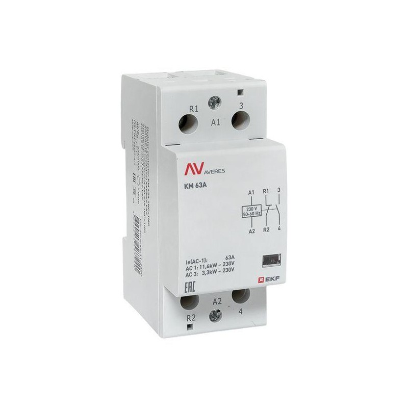 Контактор модульный КМ 63А 1NC+1NO 230В AC (2 мод.) AVERES EKF km-av-2-63-11-230V Контактор модульный КМ 63А 1NC+1NO 230В AC (2 мод.) AVERES EKF km-av-2-63-11-230V