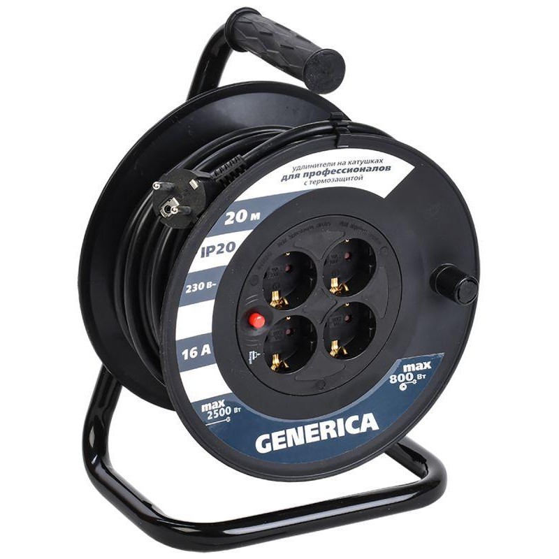 Удлинитель на катушке 4х20м 16А IP20 УК20 2P+PE 3х1.5 термозащита GENERICA WKP20-16-04-20-G