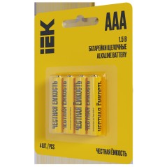 Элемент питания алкалиновый AAA/LR03 Alkaline (блист.4шт) IEK ABT-LR03-OP-L04