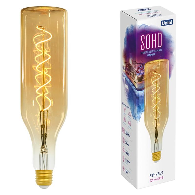 Лампа светодиодная филаментная LED-SF20-5W/SOHO/E27/CW GOLDEN GLS77GO SOHO спиральный филамент зол. колба Uniel UL-00005915