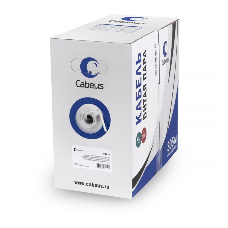 Кабель витая пара U/UTP кат.5E 4х2х24AWG solid PVC нг(А)-LS UTP-4P-Cat.5e-SOLID-WH бел. (уп.305м) Cabeus 7471c Кабель витая пара U/UTP кат.5E 4х2х24AWG solid PVC нг(А)-LS UTP-4P-Cat.5e-SOLID-WH бел. (уп.305м) Cabeus 7471c