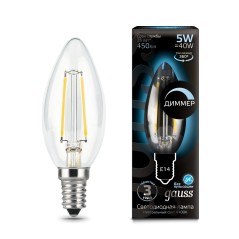 Лампа светодиодная филаментная Black Filament 5Вт свеча 4100К нейтр. бел. E14 450лм диммир. GAUSS 103801205-D