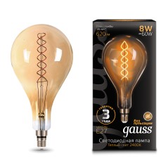Лампа светодиодная филаментная Black Filament 8Вт A160 грушевидная золотая 2400К тепл. бел. E27 620лм GAUSS 150802008