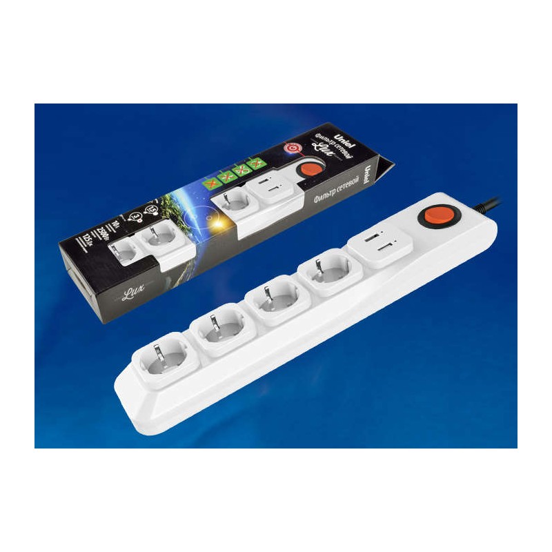 Удлинитель с сетевым фильтром 4х3м с заземл. 10А Lux SGSL5-3U WHITE 1хUSB 1А ПВС 3х0.75 защита от перенапряж. короткого замыкани