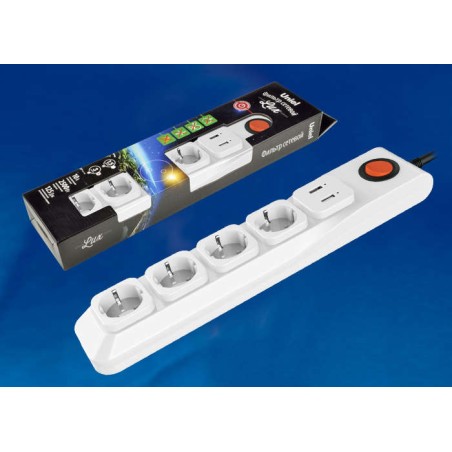 Удлинитель с сетевым фильтром 4х3м с заземл. 10А Lux SGSL5-3U WHITE 1хUSB 1А ПВС 3х0.75 защита от перенапряж. короткого замыкани