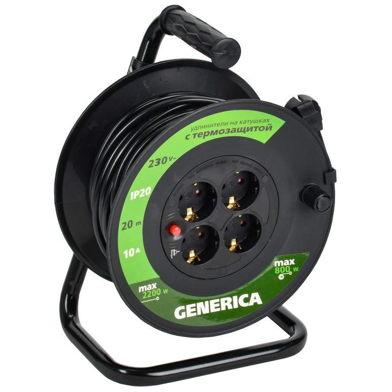 Удлинитель на катушке 4х20м 10А IP20 УК20 2P+PE 3х1 термозащита GENERICA WKP10-10-04-20-G Удлинитель на катушке 4х20м 10А IP20 УК20 2P+PE 3х1 термозащита GENERICA WKP10-10-04-20-G