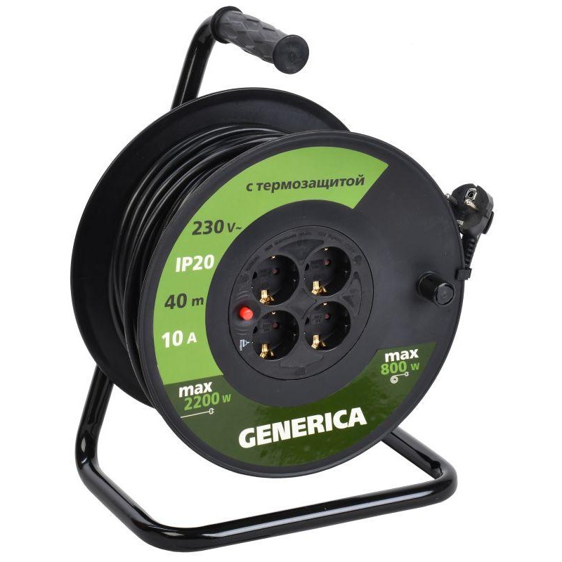 Удлинитель на катушке 4х40м 10А IP20 УК40 2P+PE 3х1 термозащита GENERICA WKP10-10-04-40-G Удлинитель на катушке 4х40м 10А IP20 УК40 2P+PE 3х1 термозащита GENERICA WKP10-10-04-40-G
