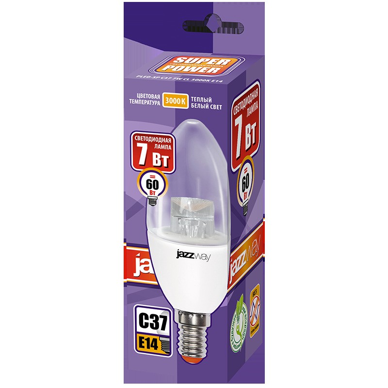 Лампа светодиодная PLED-SP CL 7Вт C37 свеча 3000К тепл. бел. E14 540лм 230В JazzWay 2853097 Лампа светодиодная PLED-SP CL 7Вт C37 свеча 3000К тепл. бел. E14 540лм 230В JazzWay 2853097