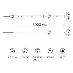 Лента светодиодная Black 2835/60-SMD 4.8Вт/м 3000К тепл. бел. IP20 210лм/м 12В драйвер (блист.5м) GAUSS 312400148