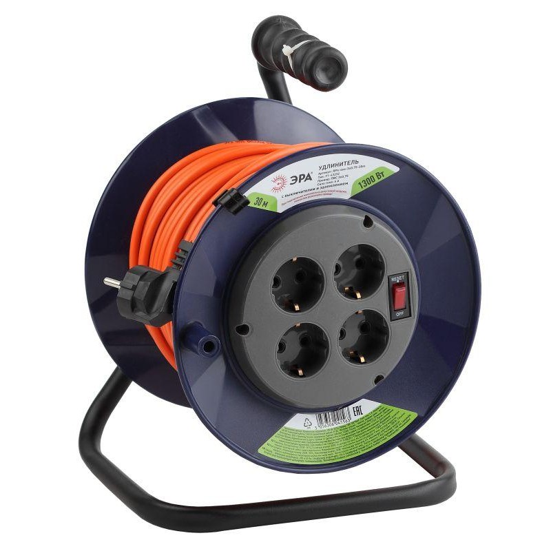 Удлинитель на пластик. катушке 4х30м с заземл. 6А IP20 RPx-4es-3х0.75-30m ПВС 3х0.75 Эра Б0043052