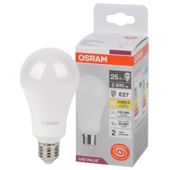 Лампа светодиодная LED Value A 25Вт 3000К тепл. бел. E27 2000лм угол пучка 180град. 220-240В матов. пластик (замена 200Вт) OSRAM