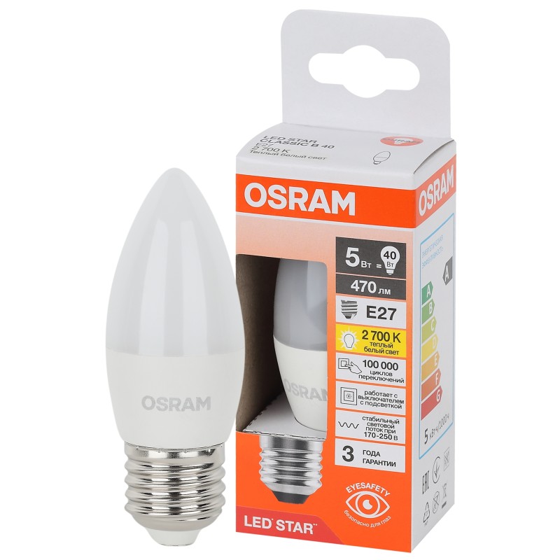 Лампа светодиодная LED Star 5Вт 2700К тепл. бел. E27 470лм B угол пучка 200град. 170-250В (замена 40Вт) матов. пластик OSRAM 405