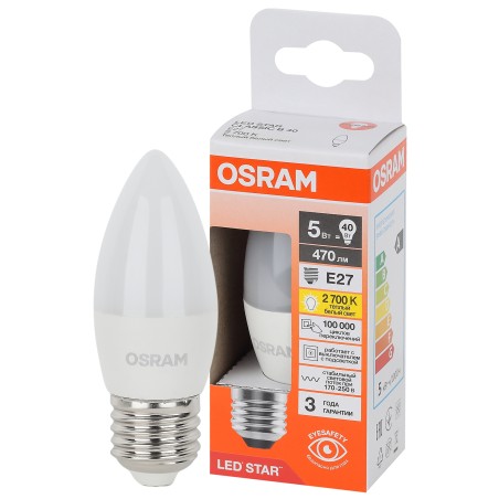 Лампа светодиодная LED Star 5Вт 2700К тепл. бел. E27 470лм B угол пучка 200град. 170-250В (замена 40Вт) матов. пластик OSRAM 405