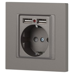 Розетка Accent 6-410-09 P+E Schuko со шторками 16А-250В + 2хUSB IP20 СУ титан Intro Б0063711