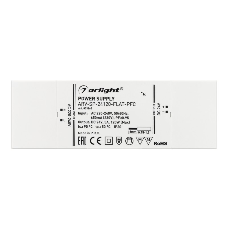 Блок питания ARV-SP-24120-FLAT-PFC 24В 5А 120Вт IP20 пластик 5 лет Arlight 033263 Блок питания ARV-SP-24120-FLAT-PFC 24В 5А 120Вт IP20 пластик 5 лет Arlight 033263