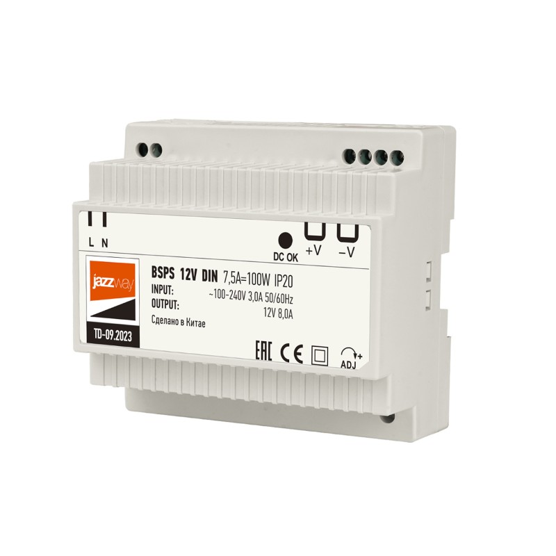Блок питания для светодиодной ленты BSPS DIN 12В 7.5А-100Вт PL IP20 Pro JazzWay 5049987 Блок питания для светодиодной ленты BSPS DIN 12В 7.5А-100Вт PL IP20 Pro JazzWay 5049987