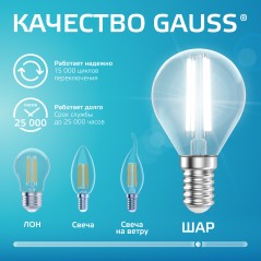 Лампа светодиодная филаментная Filament Elementary 12Вт шар 4100К Е14 750лм GAUSS 52122