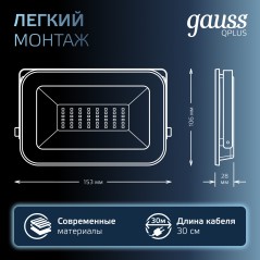 Прожектор светодиодный Qplus 30Вт 6500К IP65 3150лм 200-240В ДО графит. GAUSS 690511330