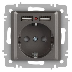 Розетка Accent 6-410-09 P+E Schuko со шторками 16А-250В + 2хUSB IP20 СУ титан Intro Б0063711