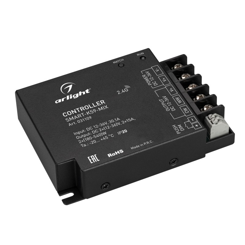 Контроллер SMART-K59-MIX (12-36В 2х15А 2.4G) (IP20 металл) Arlight 031109 Контроллер SMART-K59-MIX (12-36В 2х15А 2.4G) (IP20 металл) Arlight 031109