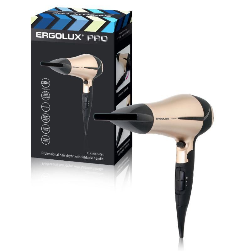 Фен ELX-HD03-C64 со складной ручкой 2200Вт 220-240В черн./зол. Ergolux 13131 Фен ELX-HD03-C64 со складной ручкой 2200Вт 220-240В черн./зол. Ergolux 13131