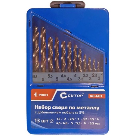Набор сверл по металлу Profi 1.5-6.5мм (через 0.5мм + 32мм, 48мм) с кобальтом 5проц. в метал. коробке (13шт) Cutop 48-601