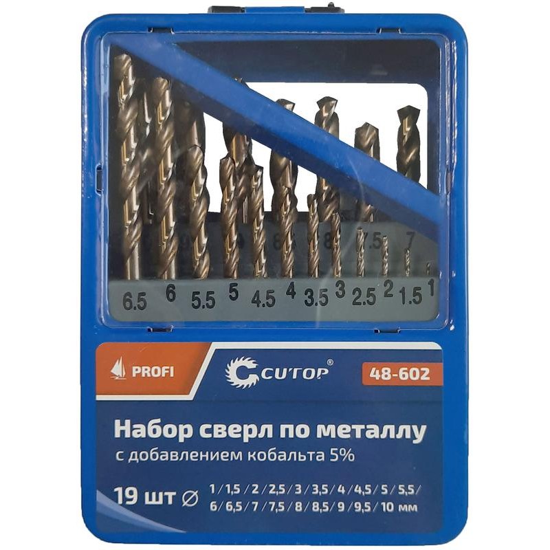 Набор сверл по металлу Profi 1-10мм (через 0.5мм) с кобальтом 5проц. в метал. коробке (19шт) Cutop 48-602 Набор сверл по металлу Profi 1-10мм (через 0.5мм) с кобальтом 5проц. в метал. коробке (19шт) Cutop 48-602