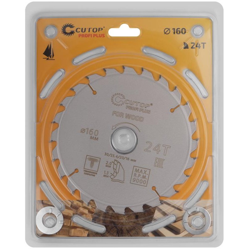 Диск пильный по дереву с тефлоновым покрытием 24Т Profi plus 160х1.3/2.0х30/25.4/20/16мм Cutop 75-16024Т Диск пильный по дереву с тефлоновым покрытием 24Т Profi plus 160х1.3/2.0х30/25.4/20/16мм Cutop 75-16024Т