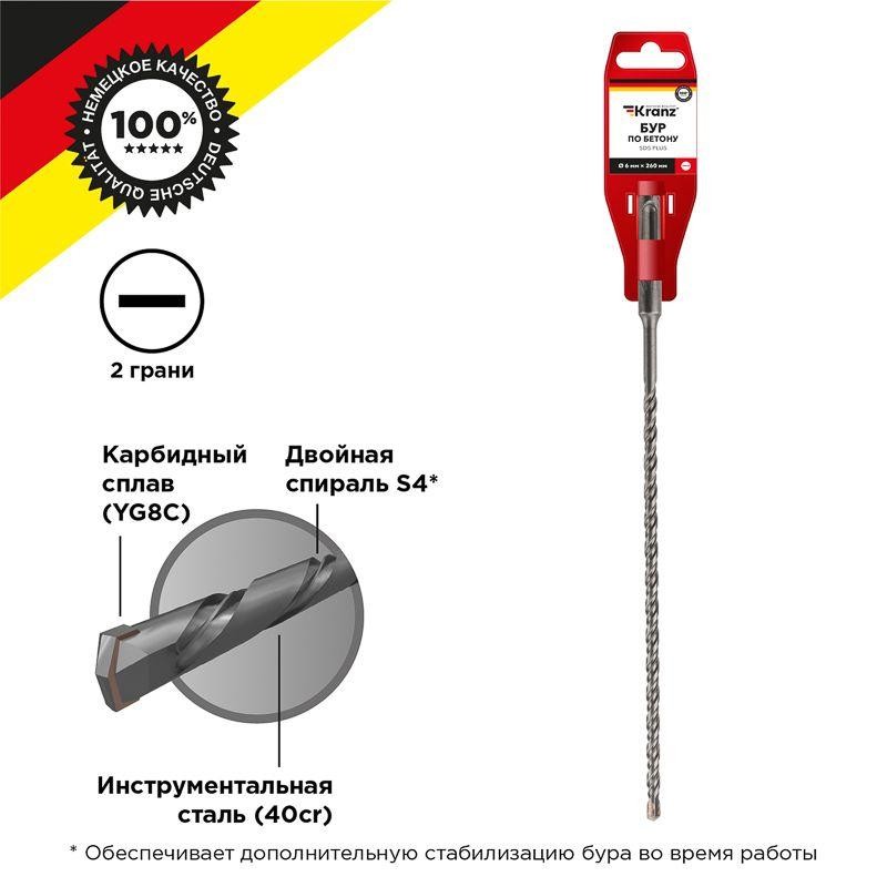 Бур по бетону 6х260мм SDS PLUS Kranz KR-91-0813 Бур по бетону 6х260мм SDS PLUS Kranz KR-91-0813