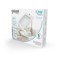 Светильник светодиодный Basic Downlight 12Вт 4000К IP20 1000лм 170-260В 145х26 квадрат бел. GAUSS 9031420212