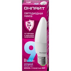 Лампа светодиодная 90 414 OLL-C37-9-230-6.5K-E27-FR (PRO 90-240В) ОНЛАЙТ 90414
