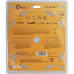 Диск пильный по дереву с тефлоновым покрытием 48Т Profi plus 216х1.5/2.2х32/30/25.4/20мм Cutop 75-21648Т