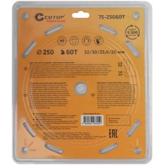 Диск пильный по дереву с тефлоновым покрытием 60Т Profi plus 250х1.8/2.6х32/30/25.4/20мм Cutop 75-25060Т