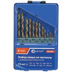 Набор сверл по металлу Profi 1.5-6.5мм (через 0.5мм + 32мм, 48мм) с кобальтом 5проц. в метал. коробке (13шт) Cutop 48-601