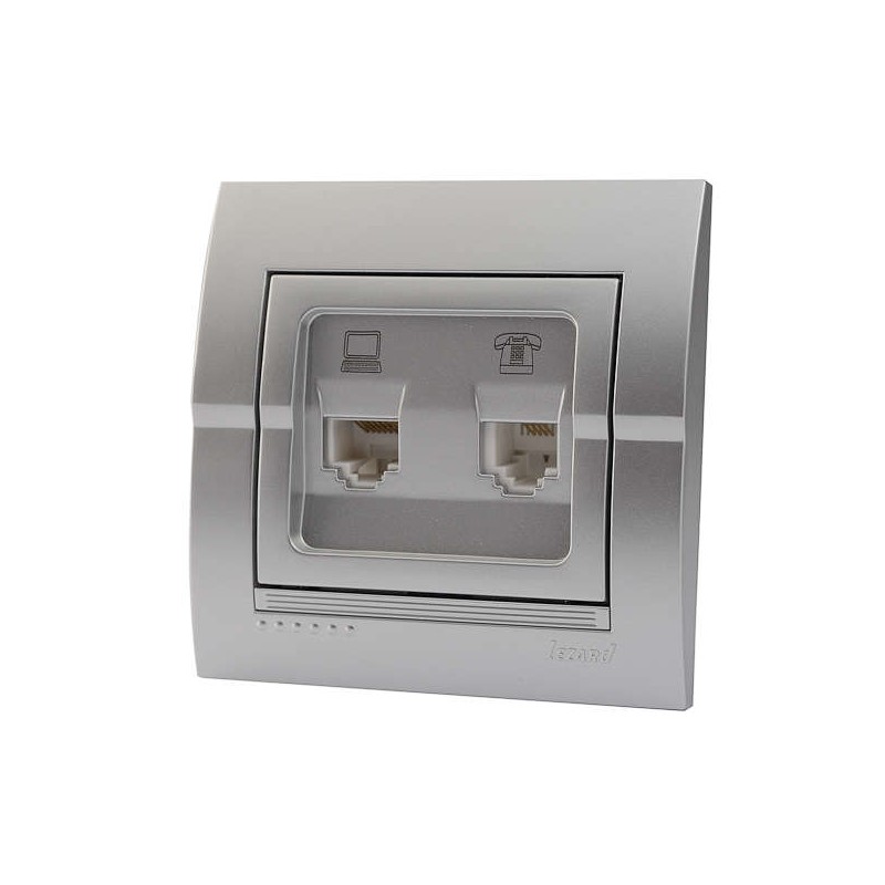 Розетка компьютерная + телефонная 2-м СП Deriy RJ45 + RJ11 серебр. метал. LEZARD 702-2828-143