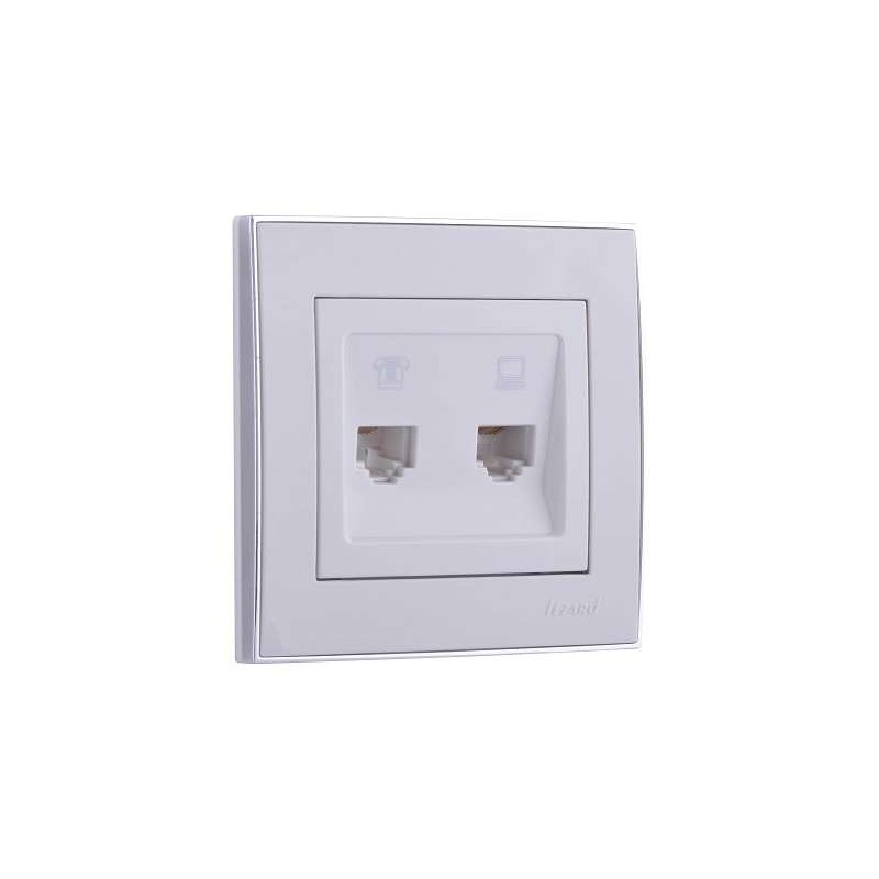 Розетка компьютерная + телефонная 2-м СП Rain RJ45 + RJ11 с хром. боковой вставкой бел. LEZARD 703-0225-143 Розетка компьютерная + телефонная 2-м СП Rain RJ45 + RJ11 с хром. боковой вставкой бел. LEZARD 703-0225-143
