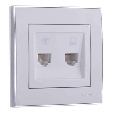 Розетка компьютерная + телефонная 2-м СП Rain RJ45 + RJ11 с хром. боковой вставкой бел. LEZARD 703-0225-143