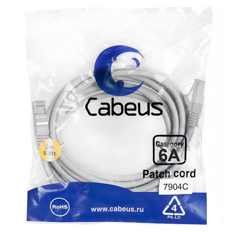 Патч-корд S/FTP кат.6A (10G) 2xRJ45/8p8c экранир. LSZH 3м сер. Cabeus 7904c