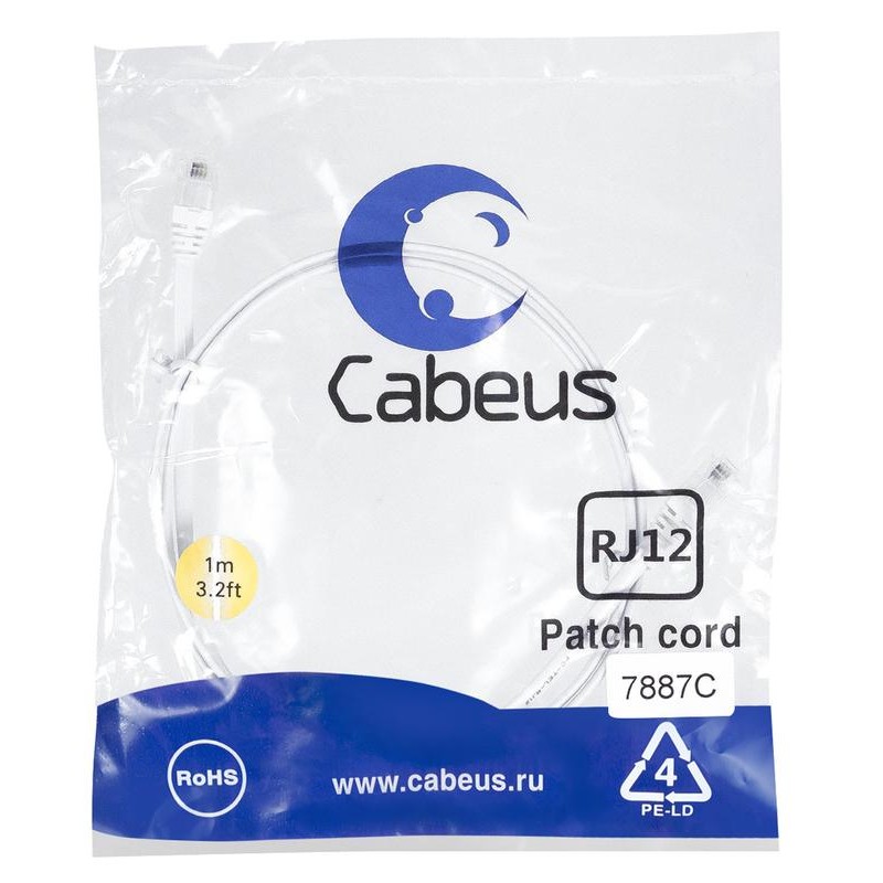 Патч-корд телефонный 2х6р4с PVC 1м бел. Cabeus 7887c Патч-корд телефонный 2х6р4с PVC 1м бел. Cabeus 7887c