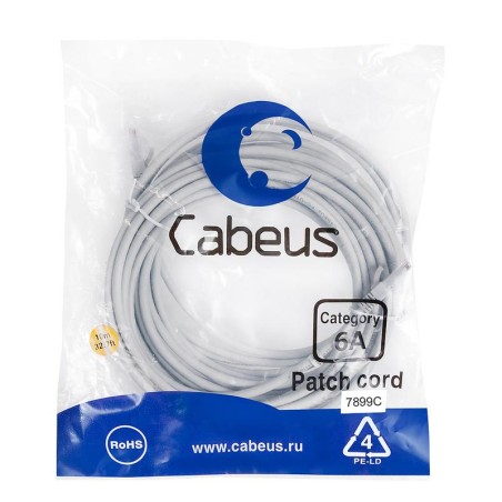 Патч-корд U/UTP кат.6A (10G) 2xRJ45/8p8c неэкранир. LSZH 10м сер. Cabeus 7899c