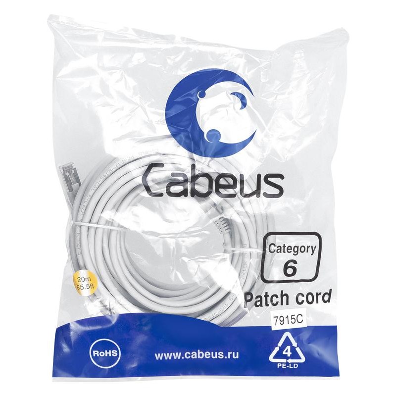 Патч-корд F/UTP кат.6 2xRJ45/8p8c экранир. LSZH 20м сер. Cabeus 7915c