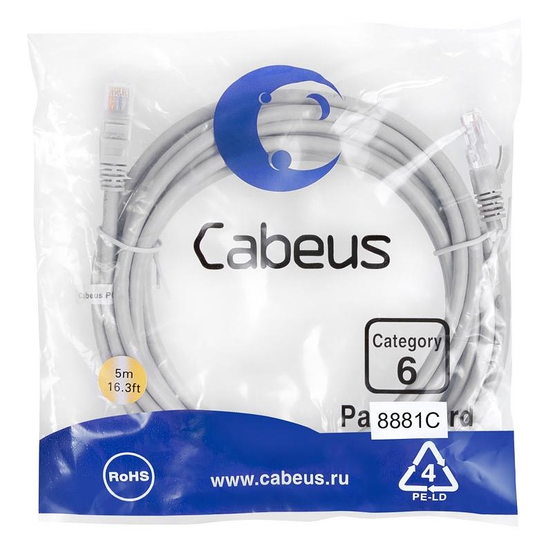 Патч-корд U/UTP кат.6 2xRJ45/8p8c неэкранир. LSZH 5м сер. Cabeus 8881c Патч-корд U/UTP кат.6 2xRJ45/8p8c неэкранир. LSZH 5м сер. Cabeus 8881c