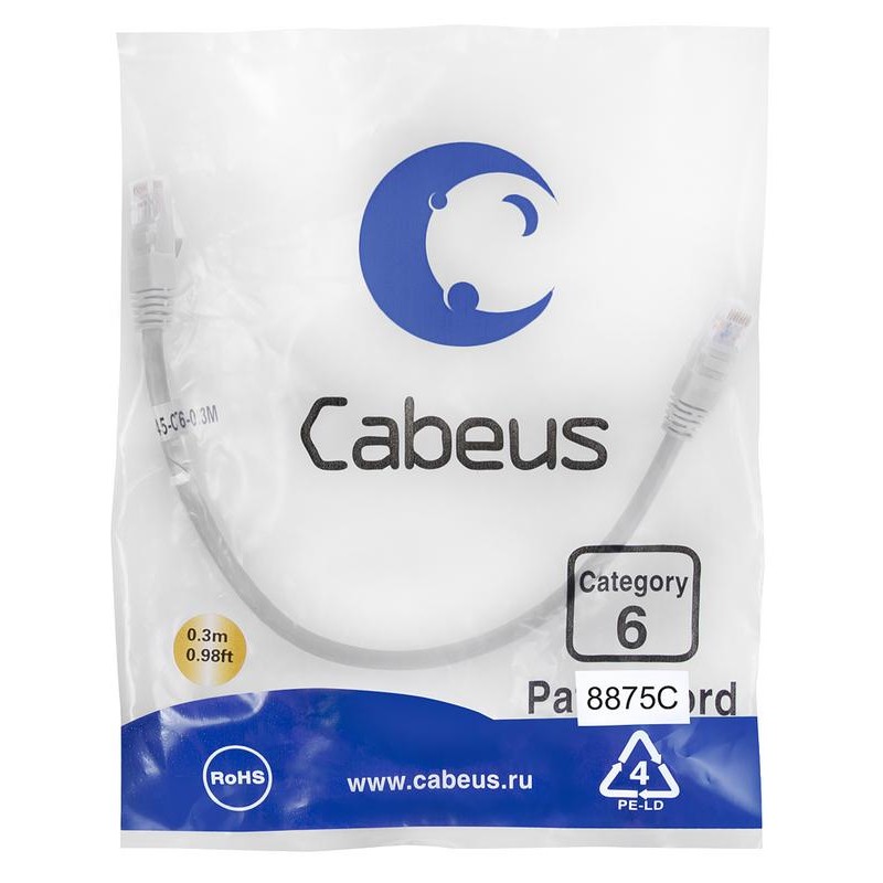 Патч-корд U/UTP кат.6 2xRJ45/8p8c неэкранир. LSZH 0.3м сер. Cabeus 8875c Патч-корд U/UTP кат.6 2xRJ45/8p8c неэкранир. LSZH 0.3м сер. Cabeus 8875c