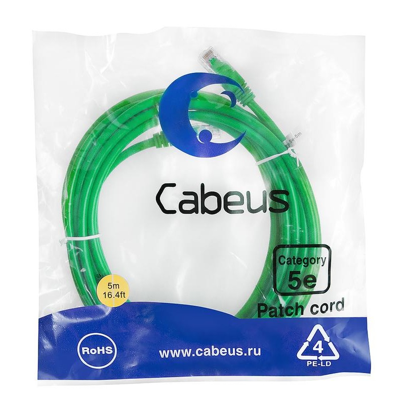 Патч-корд U/UTP кат.5E 2xRJ45/8p8c неэкранир. LSZH 5м зел. Cabeus 9509c Патч-корд U/UTP кат.5E 2xRJ45/8p8c неэкранир. LSZH 5м зел. Cabeus 9509c