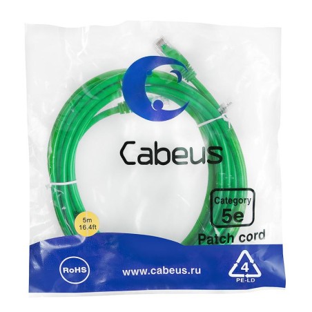 Патч-корд U/UTP кат.5E 2xRJ45/8p8c неэкранир. LSZH 5м зел. Cabeus 9509c