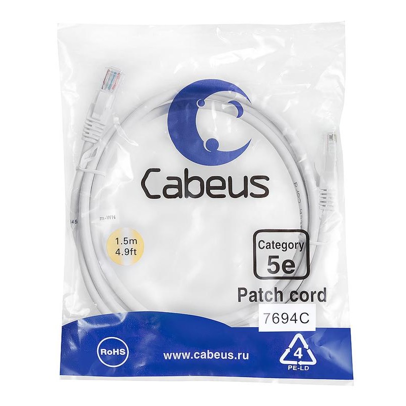 Патч-корд U/UTP кат.5E 2xRJ45/8p8c неэкранир. LSZH 1.5м бел.. бел. Cabeus 9490c Патч-корд U/UTP кат.5E 2xRJ45/8p8c неэкранир. LSZH 1.5м бел.. бел. Cabeus 9490c