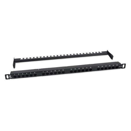 Патч-панель 19дюйм 0.5U 24 порта RJ45 кат.5E Dual IDC PLHD-24-Cat.5e-Dual-180-0.5U 180град. высокой плотн. с задн. кабельн. орга