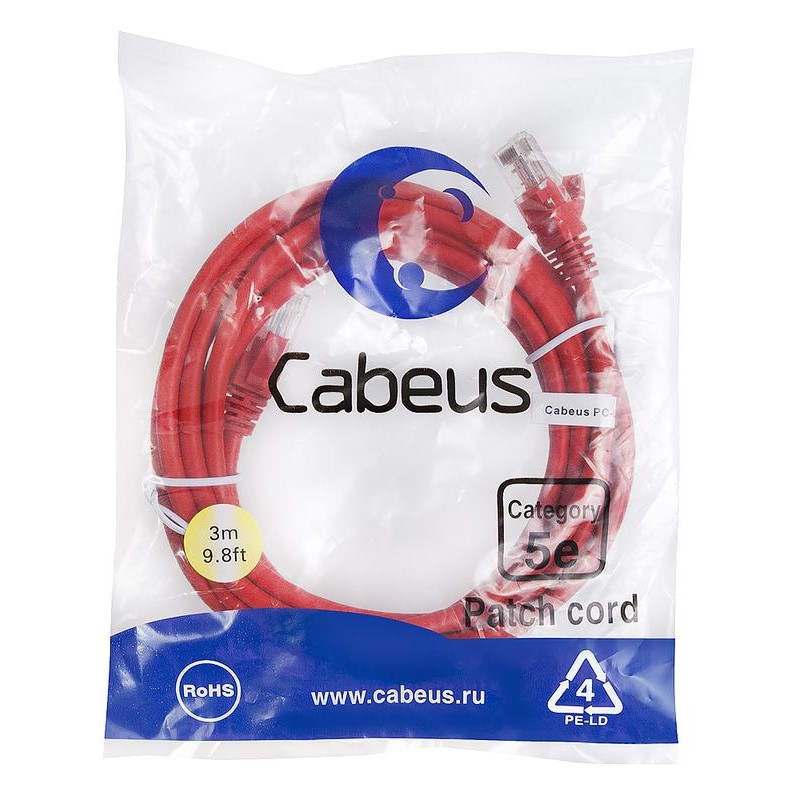 Патч-корд U/UTP кат.5E 2xRJ45/8p8c неэкранир. LSZH 3м красн. Cabeus 9516c