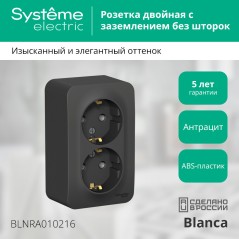 Розетка 2-м ОП Blanca 16А IP20 250В с заземл. без защ. шторок с изолир. пластиной антрацит SE BLNRA010216